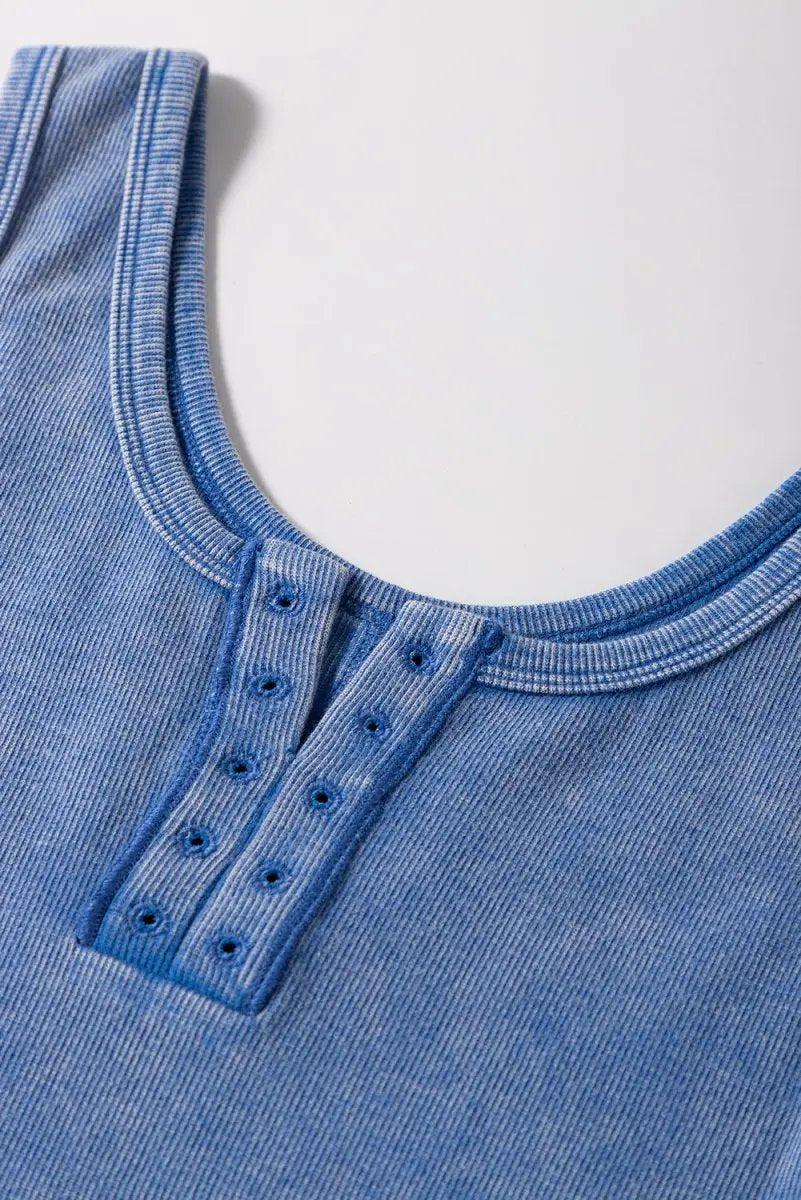 Sky Blue Mineral Wash Ribbed Notch Neck Tank Top for Women - Love Salve